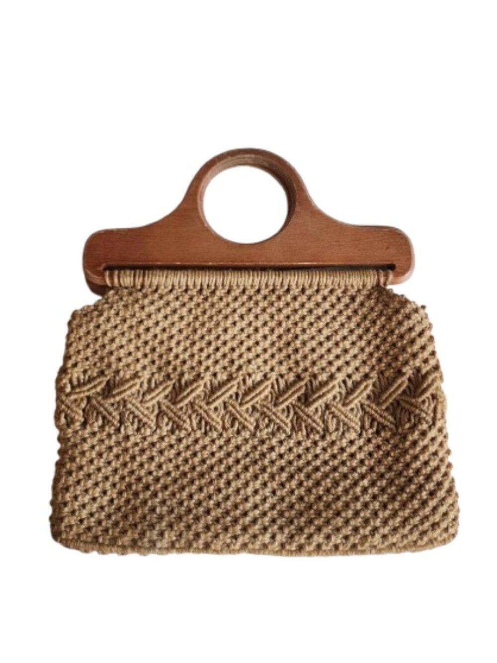 Vintage macrame & wood handle handmade bag